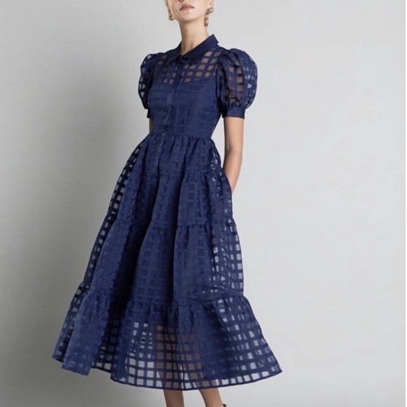 English Factory Gridded Organza Tiered Collared Maxi Dress, Blue, Medium, NWT - Picture 2 of 11